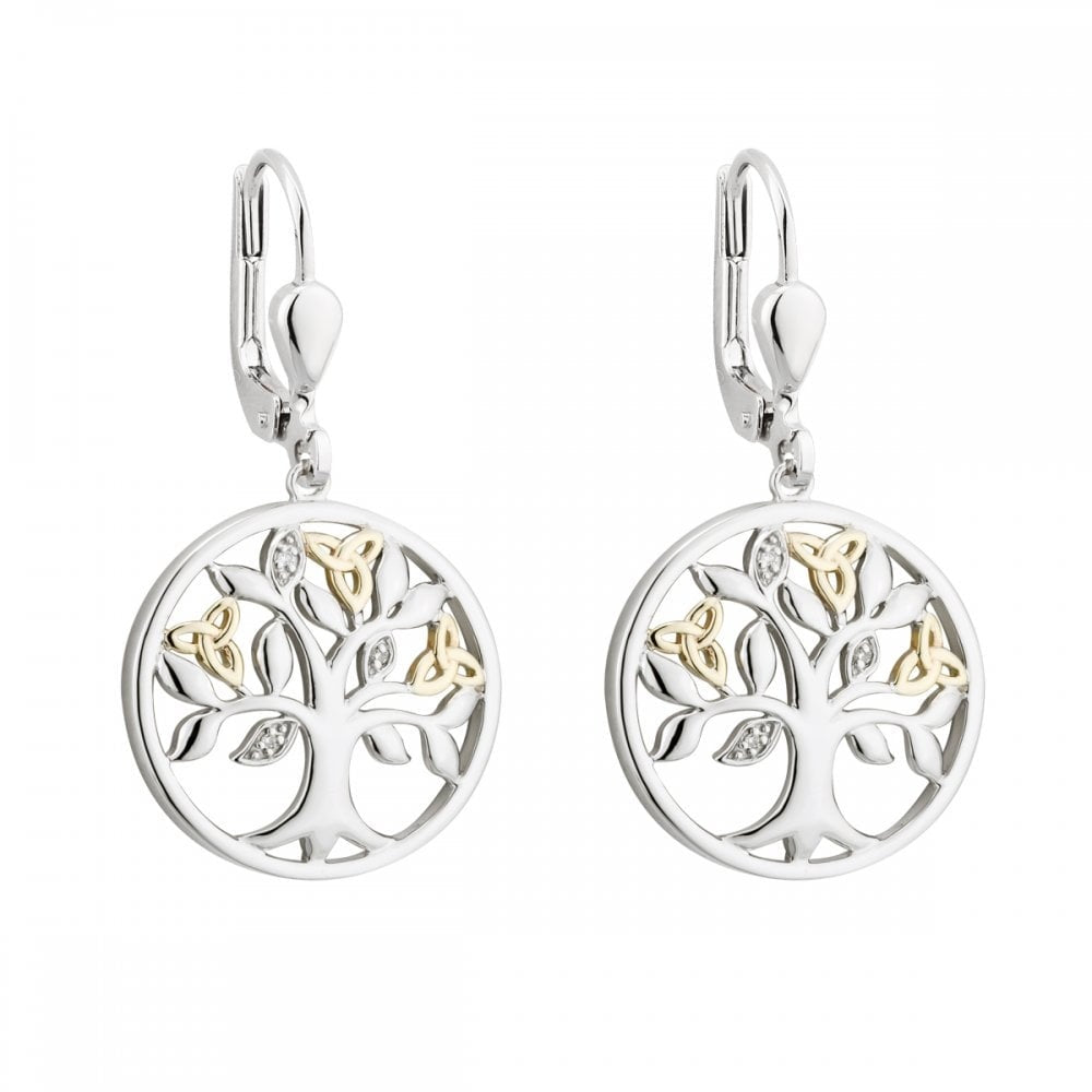 10K GOLD & DIAMOND SILVER TREE OF LIFE EARRINGS