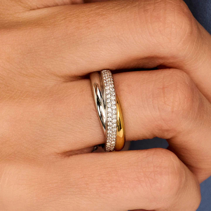TISENTO TWO-TONED CZ CROSSOVER RING