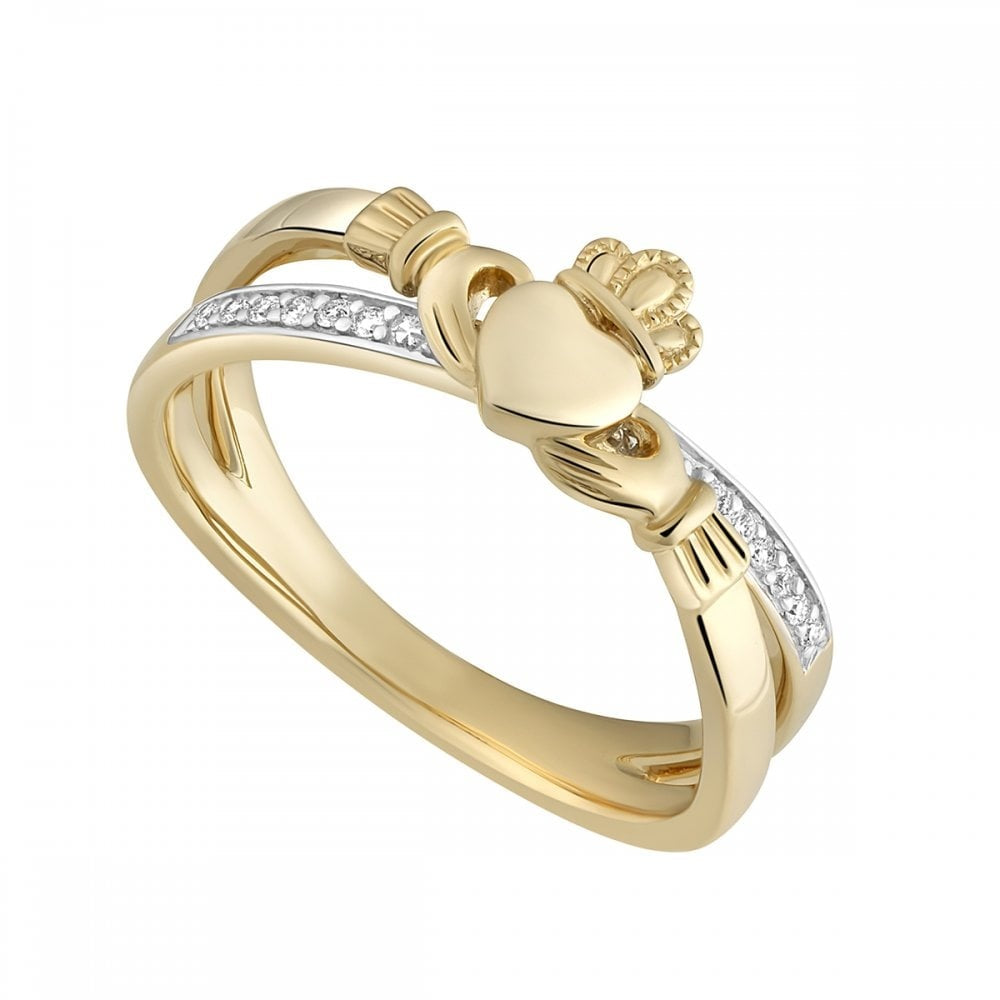 14K DIAMOND CLADDAGH CROSSOVER RING