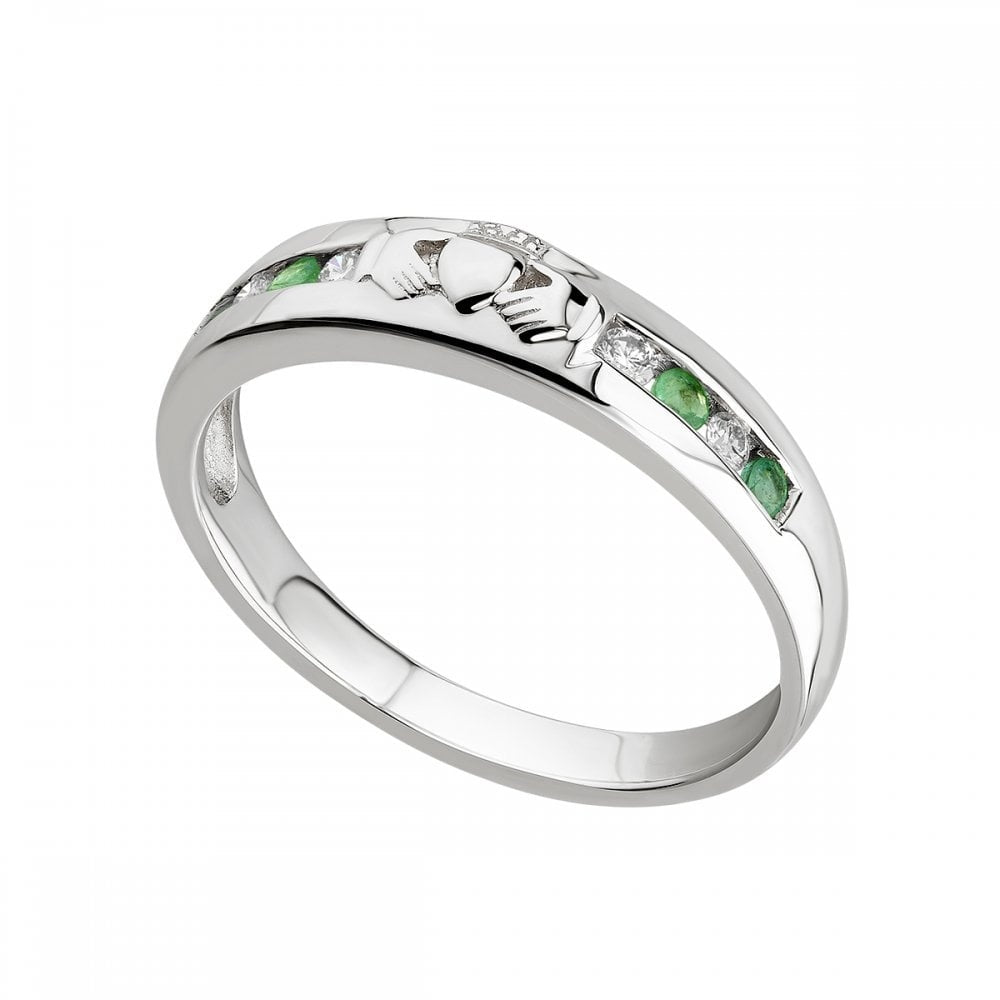 14K WHITE GOLD DIAMOND & EMERALD CLADDAGH RING