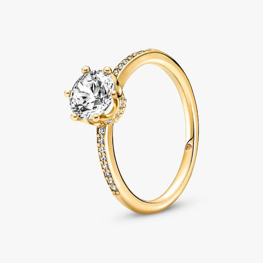 14ct Gold on Silver Clear Sparkling Crown Solitaire Pandora Ring