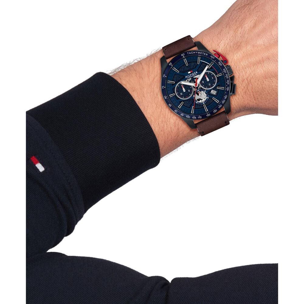 Tommy Hilfiger Blue Chrono Dial Gents Brown Leather Watch