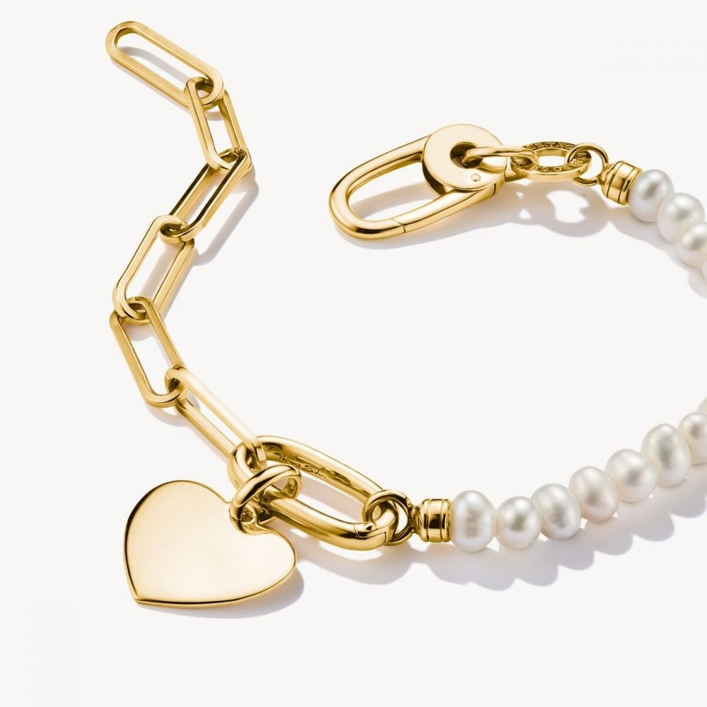 18CT GOLD ON SIL PEARL CHARM BRACELET WITH CONNECT LINK