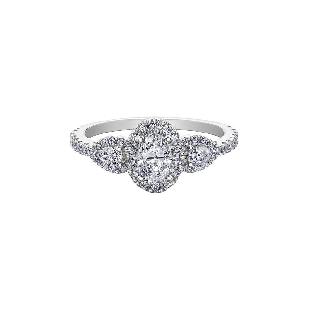 18CT WHITE GOLD 3 STONE DIAMOND RING WITH OVAL CENTRE