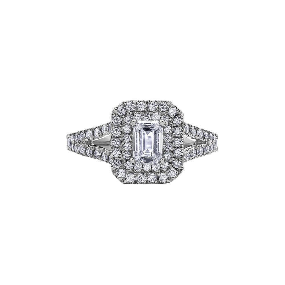 18CT WHITE GOLD EMERALD CUT DIAMOND DOUBLE HALO STYLE RING