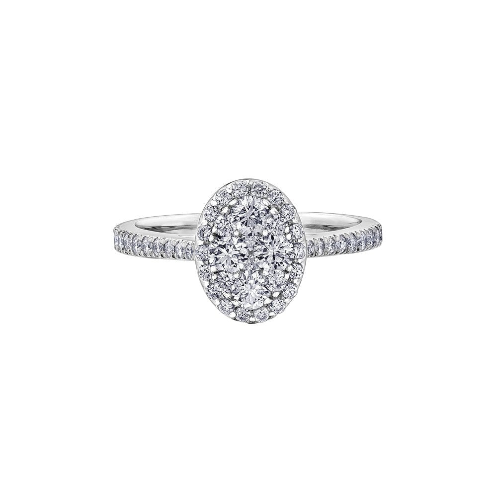 18CT WHITE GOLD OVAL HALO DIAMOND RING WITH DIAMOND SHOULDER