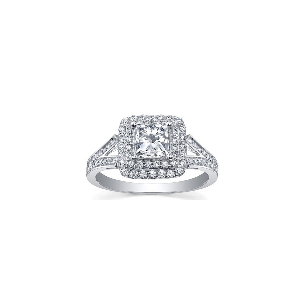 18CT WHITE GOLD PRINCESS CUT DOUBLE HALO DIAMOND RING