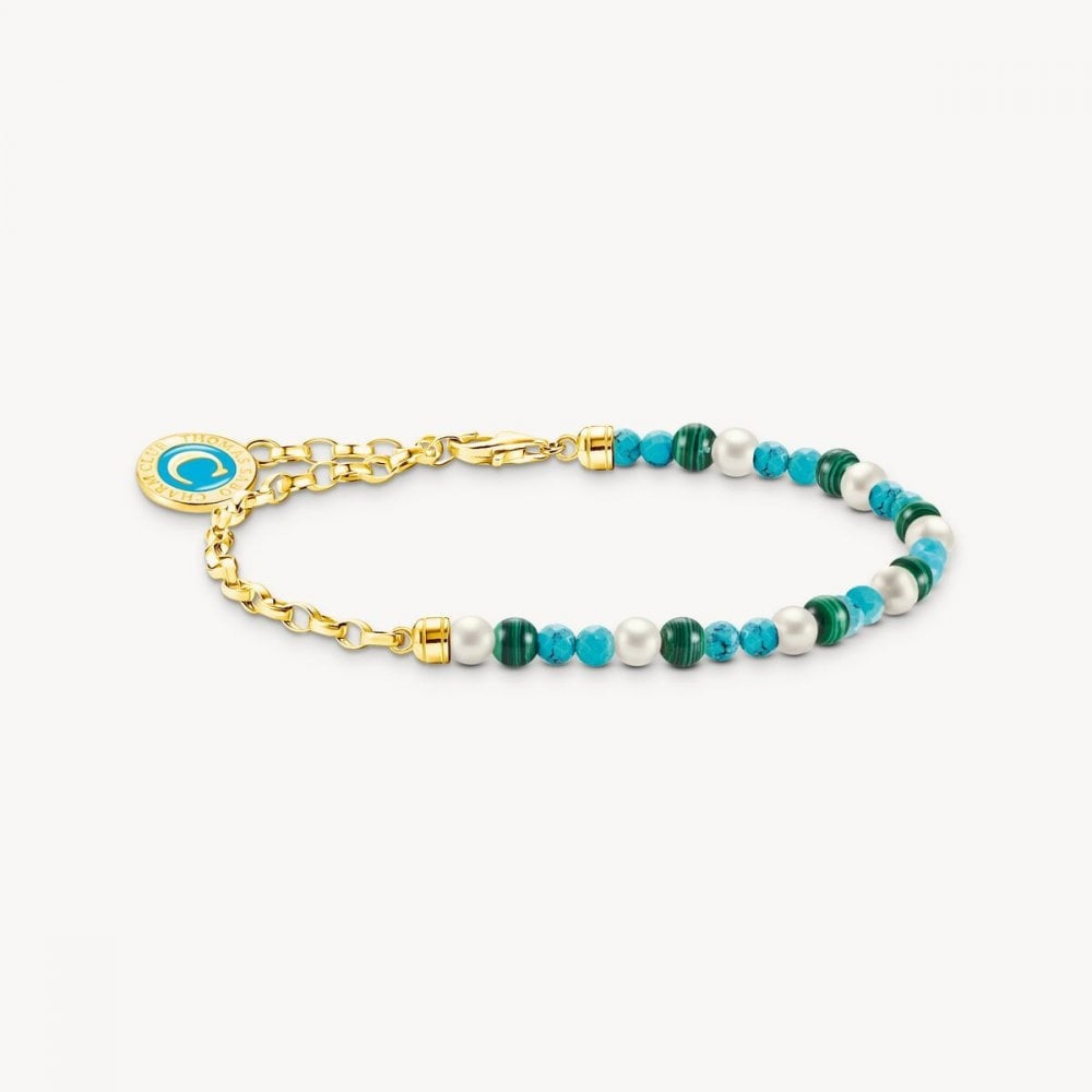 18ct Gold on Silver Charm Bracelet with White Pearls, Malachite and Disc