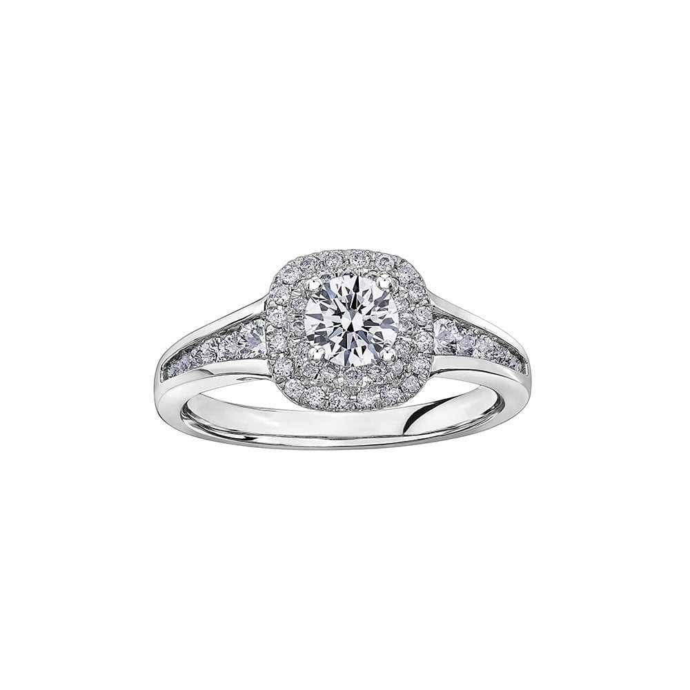 18ct WHITE GOLD CUSHIN SETT HALO STYLE WIITH DIAMOND SHOULDERS