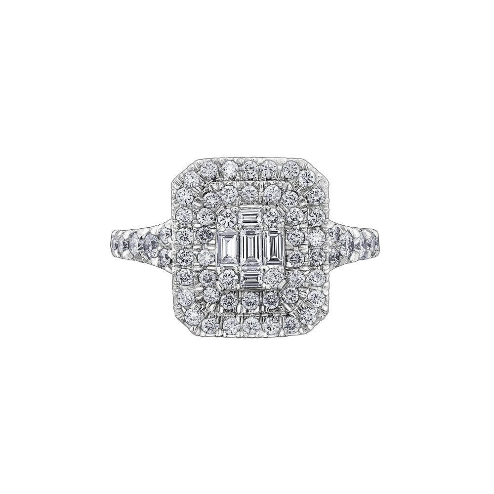 18ct White Gold Emerald cut double halo Diamond Ring with split Diamond shoulders