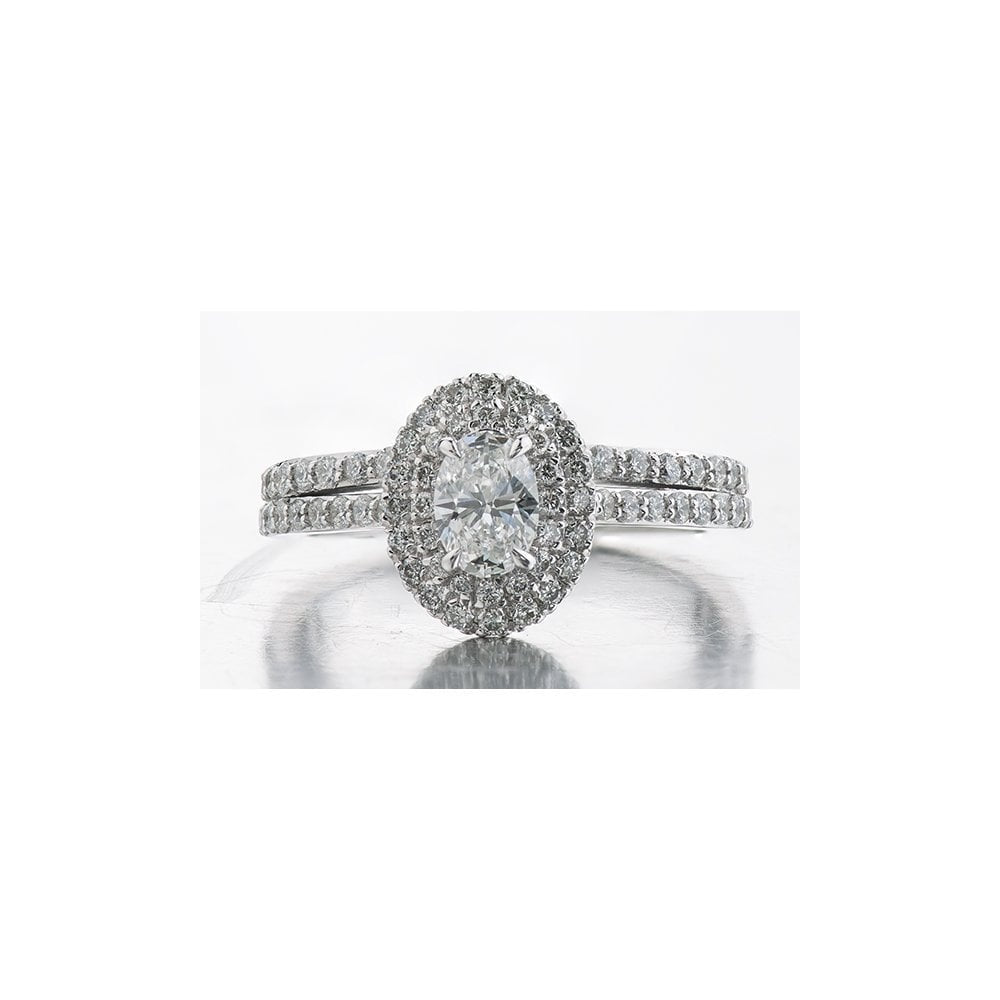 18ct White Gold Oval Halo Style Diamond Ring with Split Diamond Shoulder
