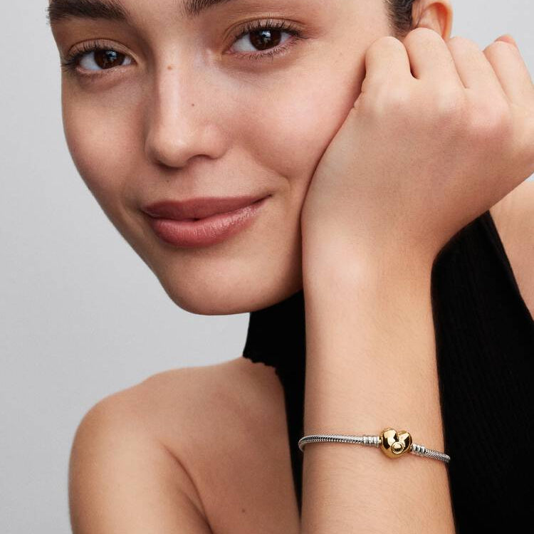 14ct Gold on Heart Clasp Silver Snake Chain Pandora Bracelet