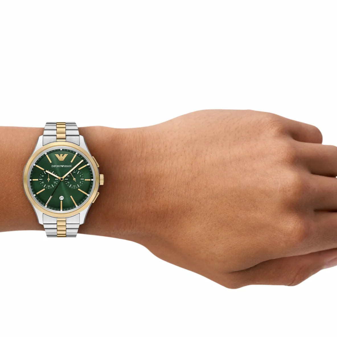 Emporio Armani Chronograph Two Tone Gents Stainless Steel Green Dial Watch