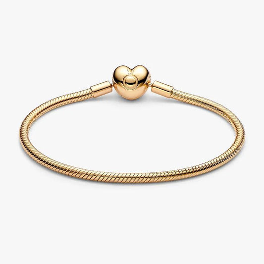 14ct Gold on Silver Pandora Moments Heart Clasp Snake Chain Bracelet