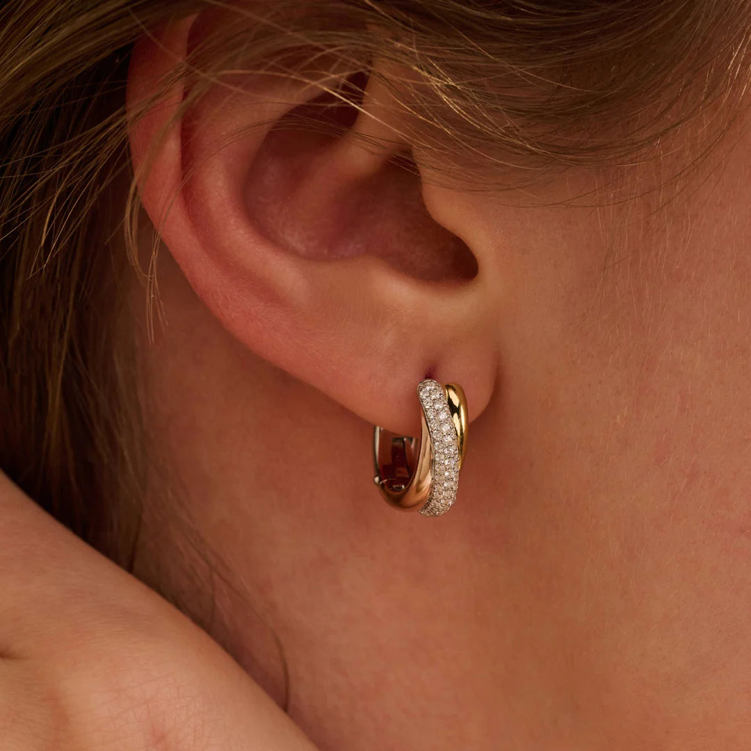 TISENTO CZ CROSSOVER TRI-COLOUR HOOP EARRINGS