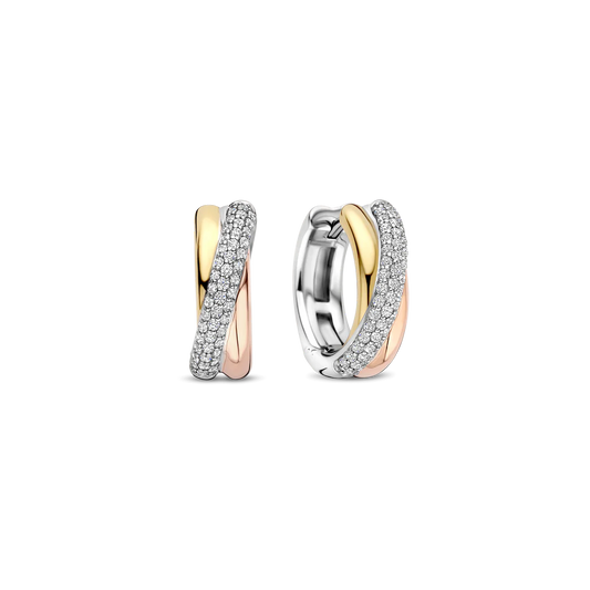 TISENTO CZ CROSSOVER TRI-COLOUR HOOP EARRINGS