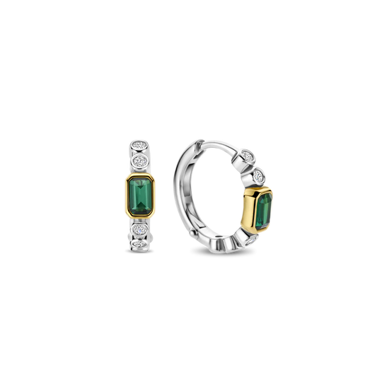 Tisento 15mm Two-Toned Baguette Green Zirconia Hoop Earrings