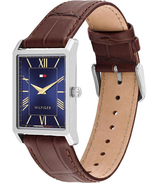 Tommy Hilfiger Rectangular Blue Dial Gents Brown Leather Watch