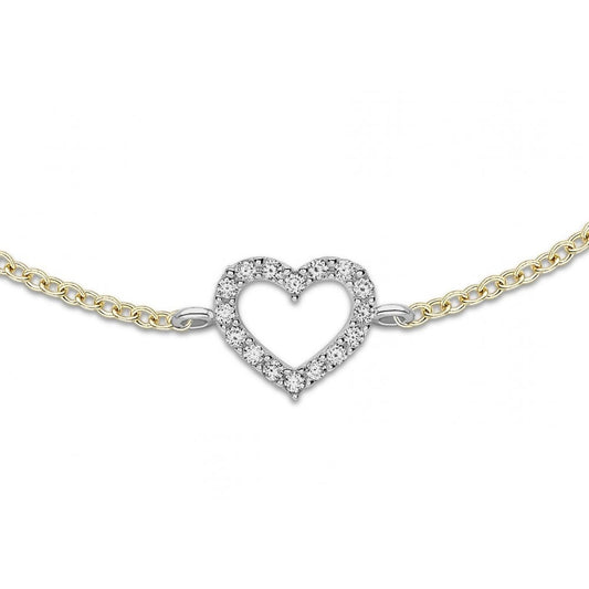 9CT 2-COLOUR GOLD 3.6MM CZ AND 13MM X 7.5MM CZ HEART BRACELET 19CM/7.5"