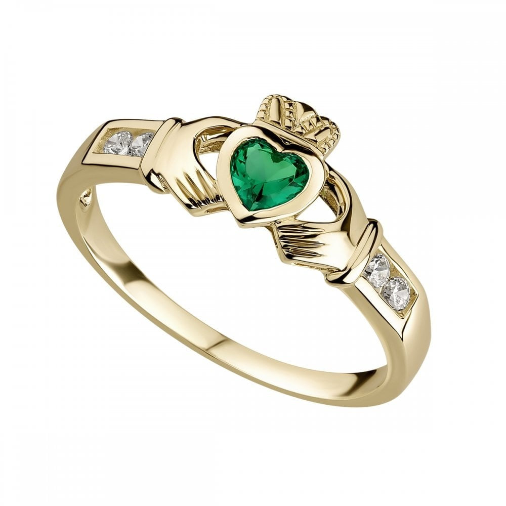 9CT GOLD EMERALD & ZIRCONIA CLADDAGH RING