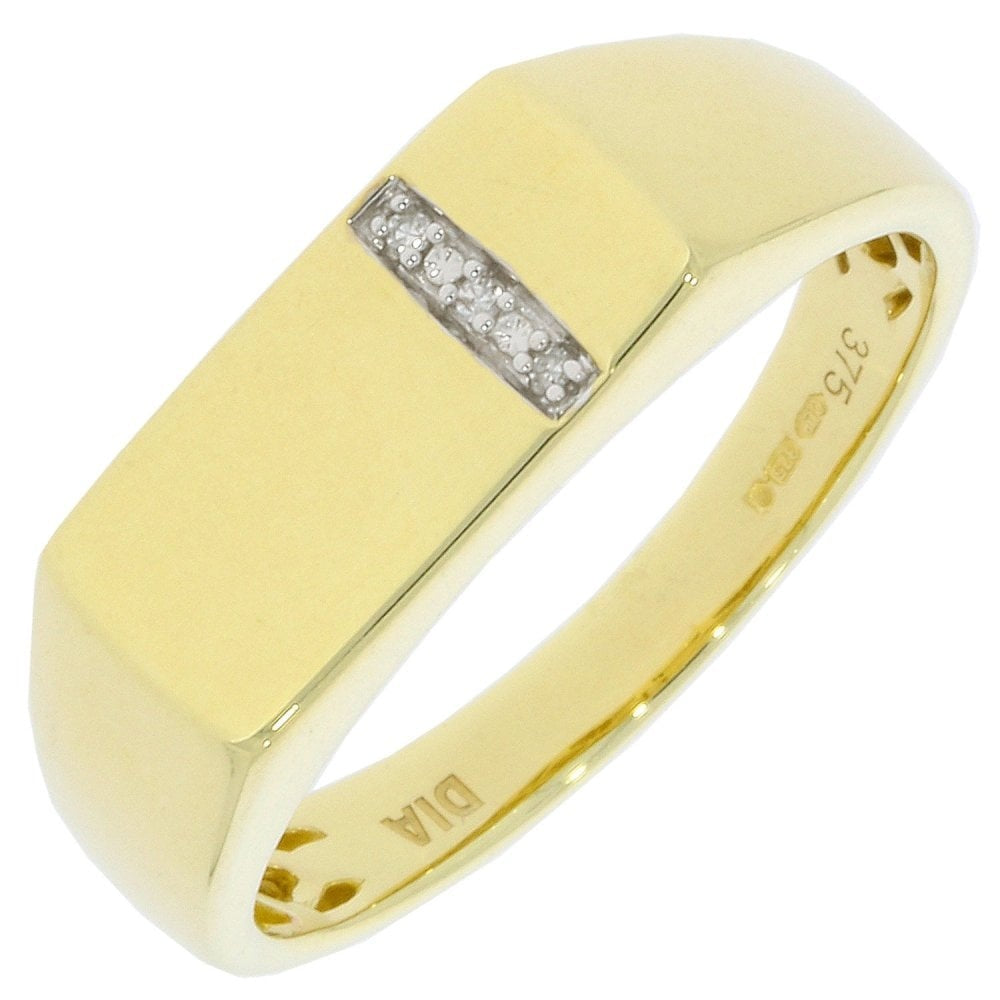 9CT GOLD GENTS SIGNET RING WITH LINE OF DIAMOND