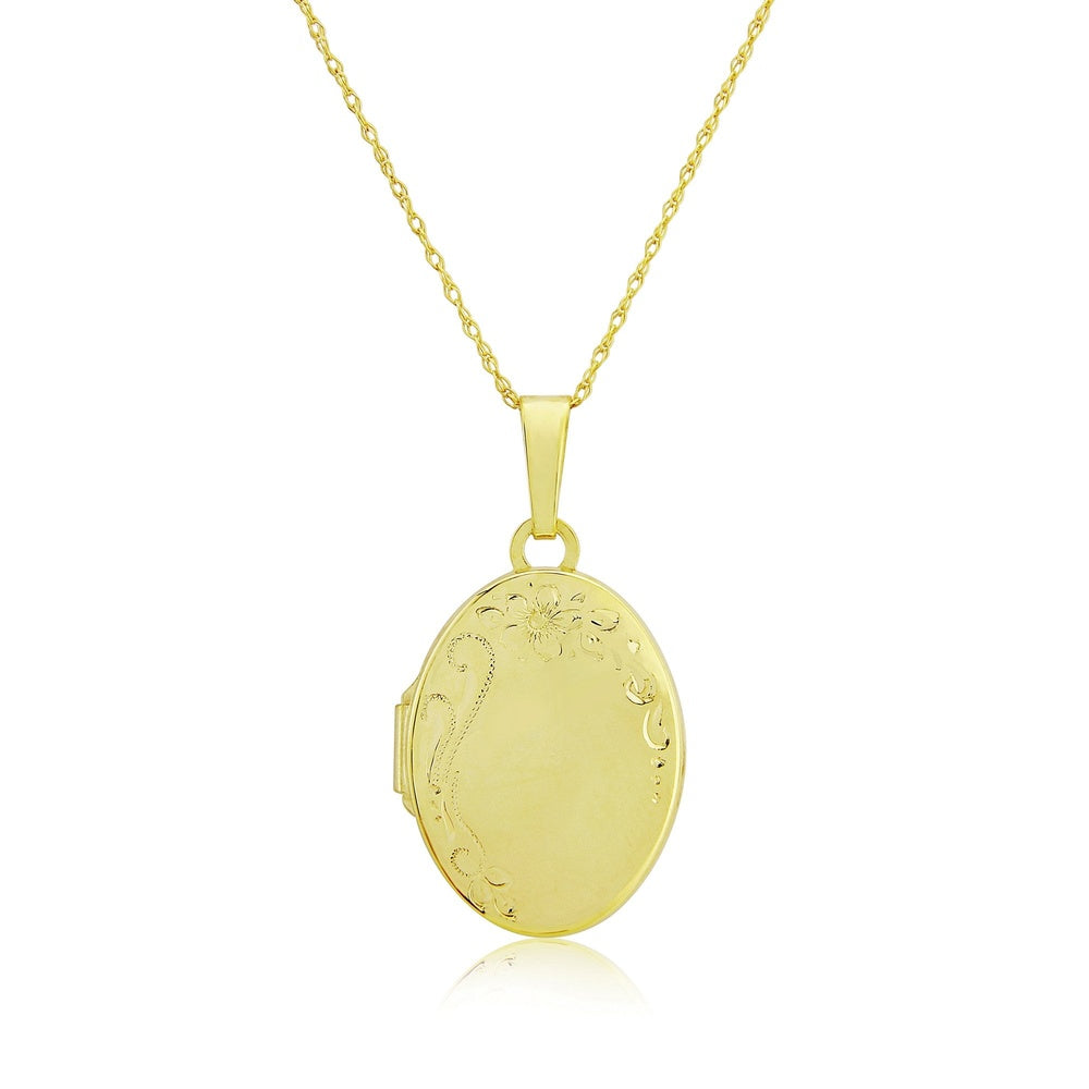 9CT GOLD OVAL SHAPED LOCKET WITH LEAF LIKE DETAIL AND 18" GOLD CHAIN