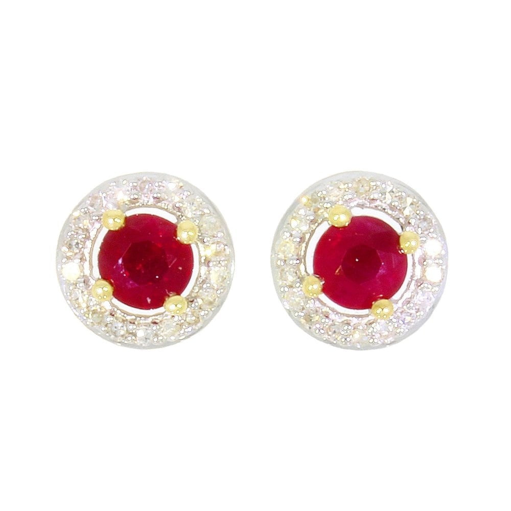 9CT GOLD RIUBY & DIAMOND ROUND CLUSTER STUD EARRINGS - 0.14CT DIAMOND