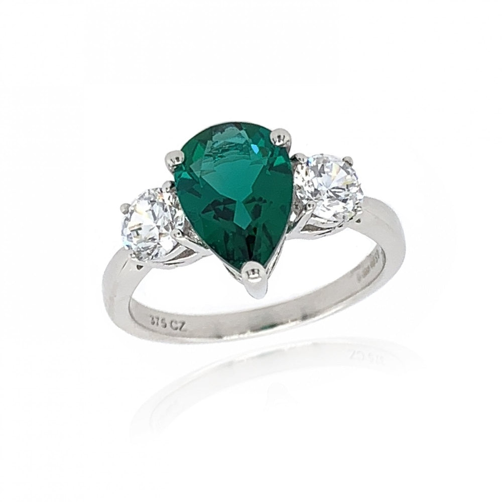 9CT WHITE GOLD CREATED PEAR SHAPED EMERALD AND CREATED ZIRCONIA RING