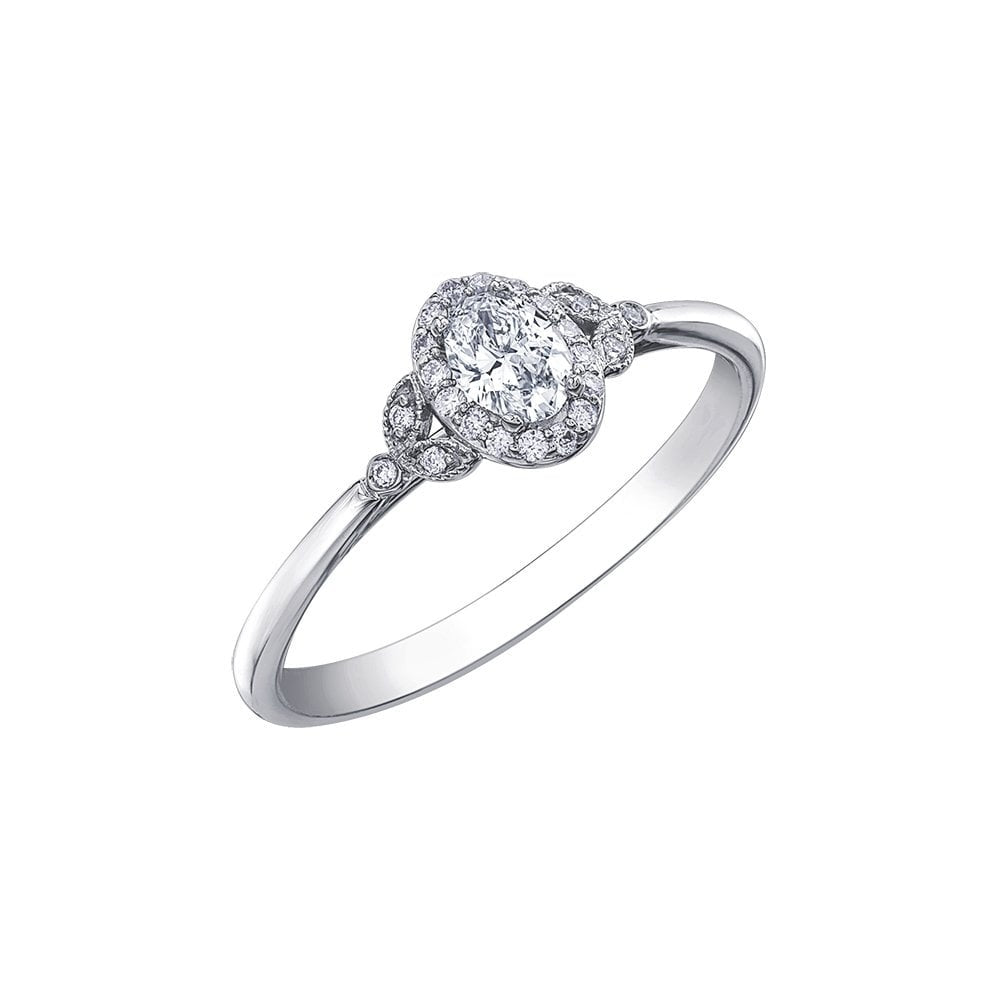 9CT WHITE GOLD OVAL HALO STYLE DIAMOND RING WITH LEAF STYLE DIAMONDS ON SHOULDERS