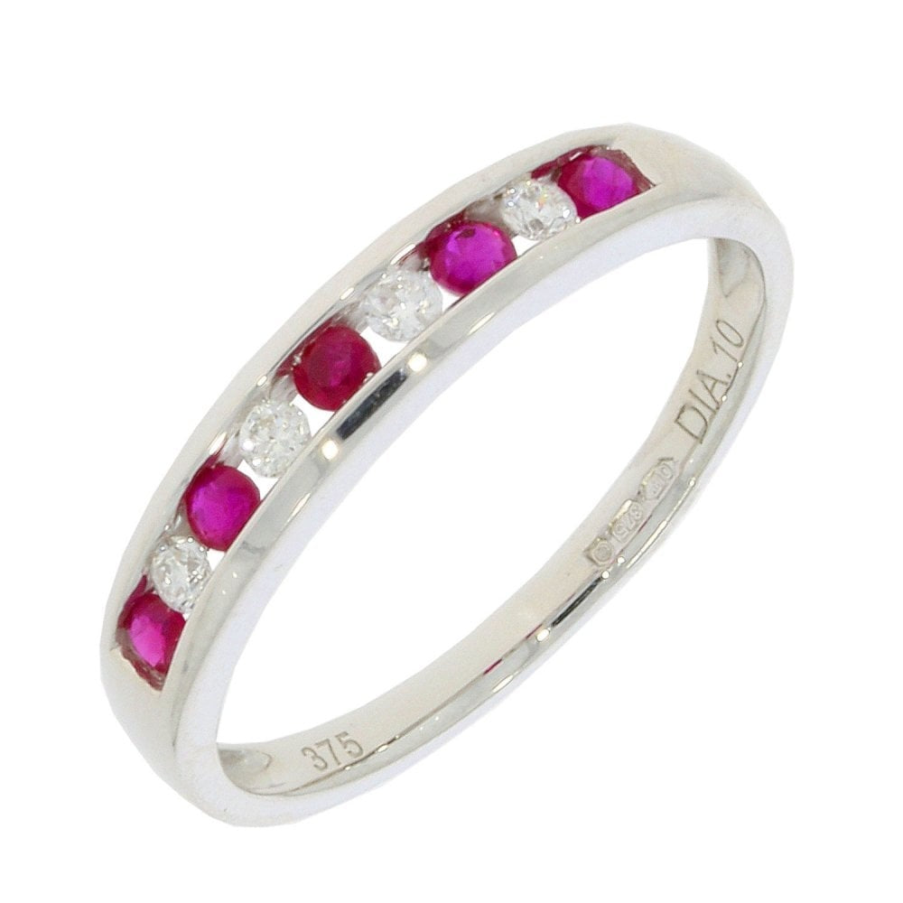 9CT WHITE GOLD RUBY & DIAMOND CHANNEL SET BAND WITH 0.1CT DIAMOND