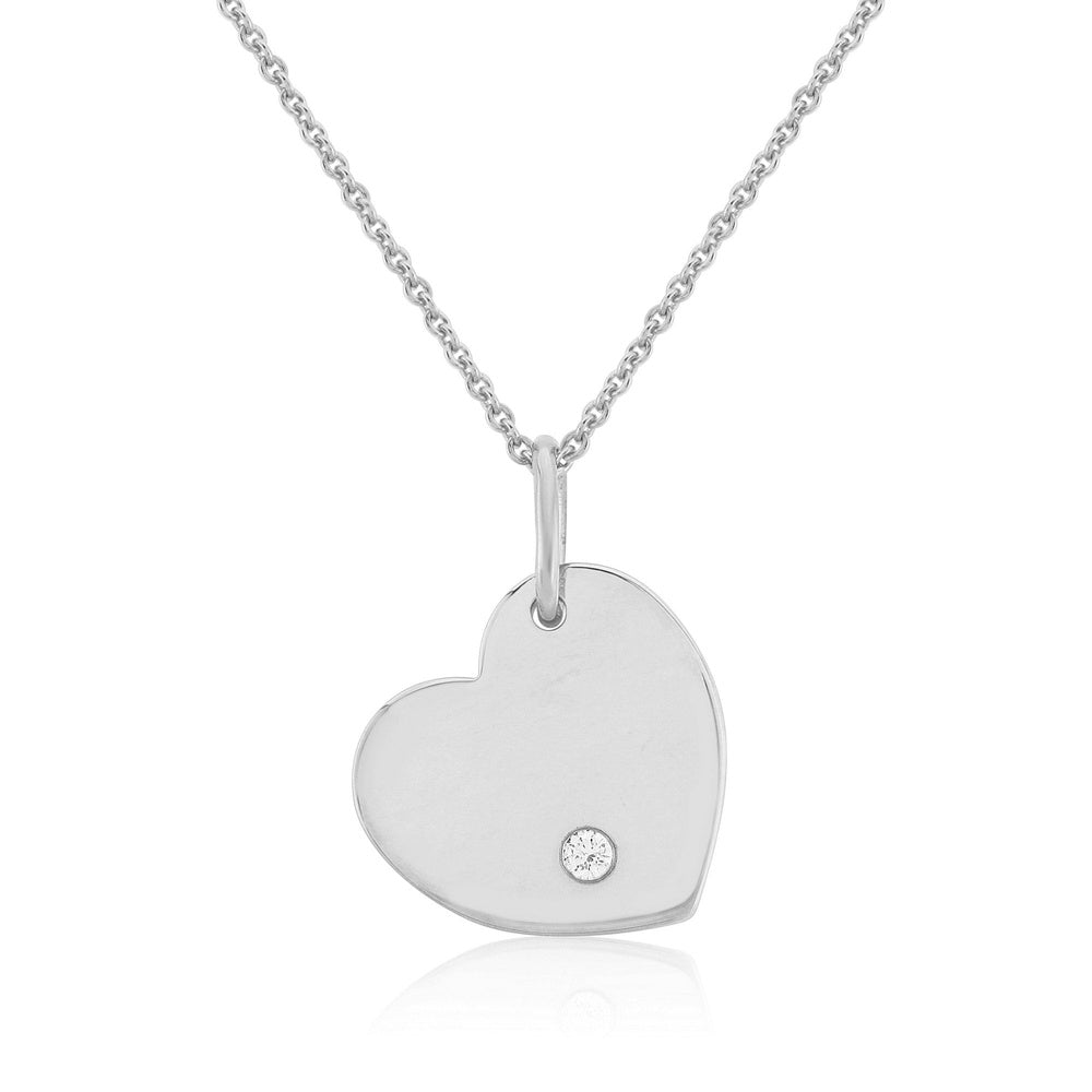 9CT WHITE GOLD SOLID HEART DISC PENDANT WITH DIAMOND DETAIL AND 18" 9CT WHITE GOLD CHAIN