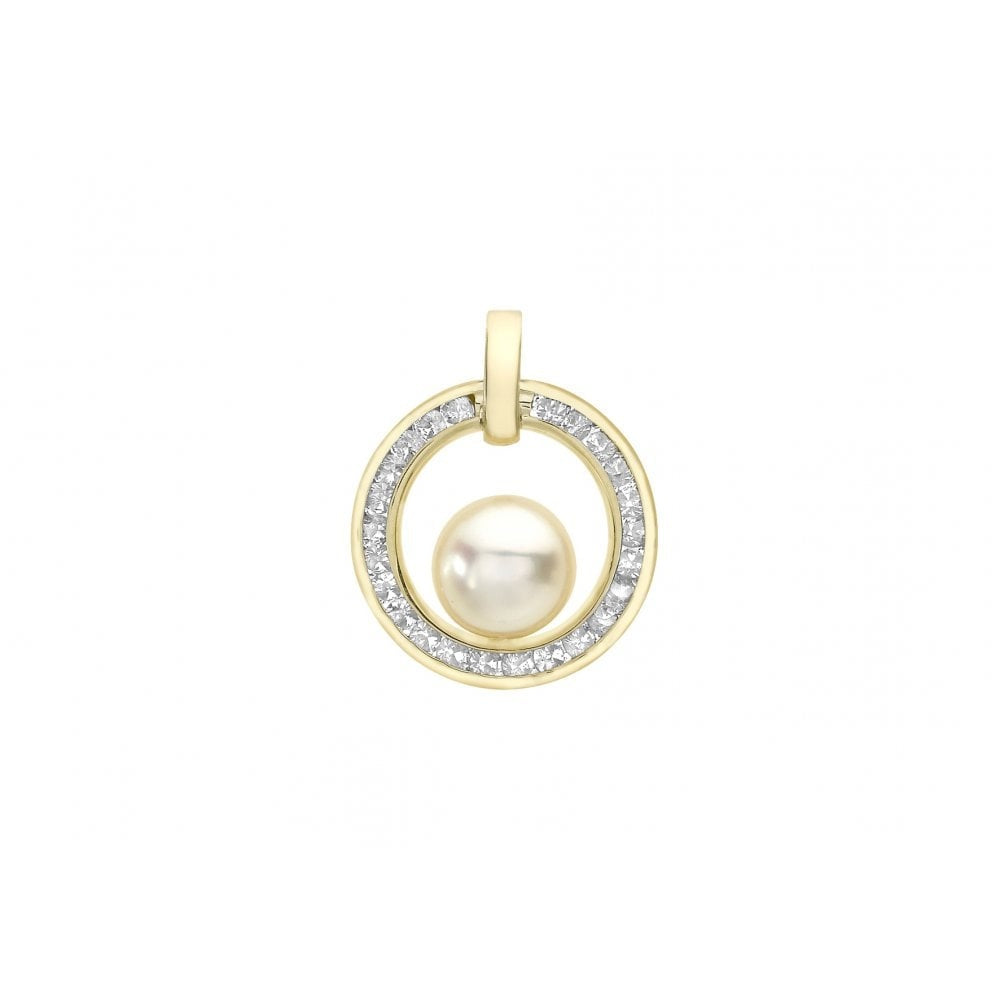 9CT YELLOW GOLD 1.5MM CZ 13.2MM X 16.5MM CUTOUT CIRCLE AND 6.1MM PEARL PENDANT