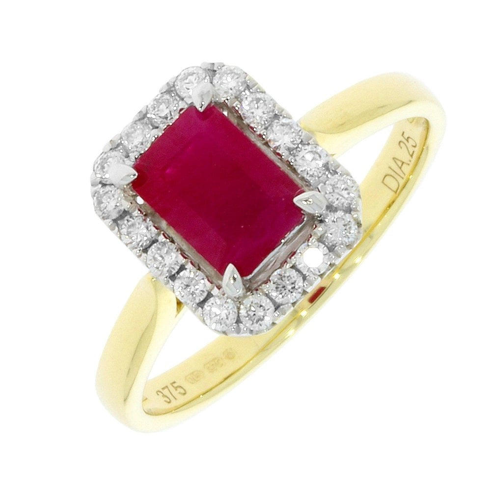 9CT YELLOW GOLD EMERALD CUT RUBY AND DIAMOND RING
