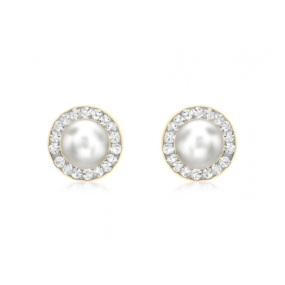 9CT YELLOW GOLD PAVE SET CZ AND PEARL 8MM STUD EARRINGS