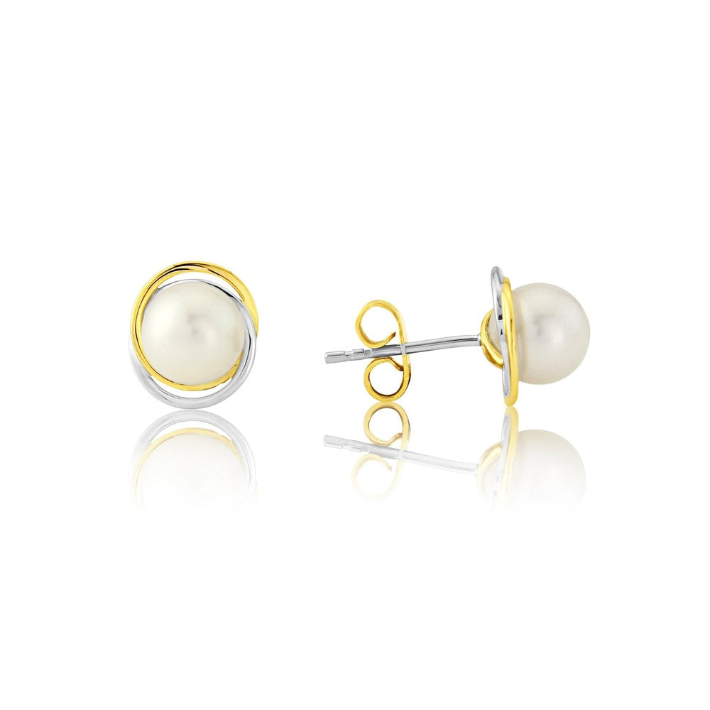 9CT YELLOW & WHITE GOLD CULTURED PEARL STUD EARRINGS