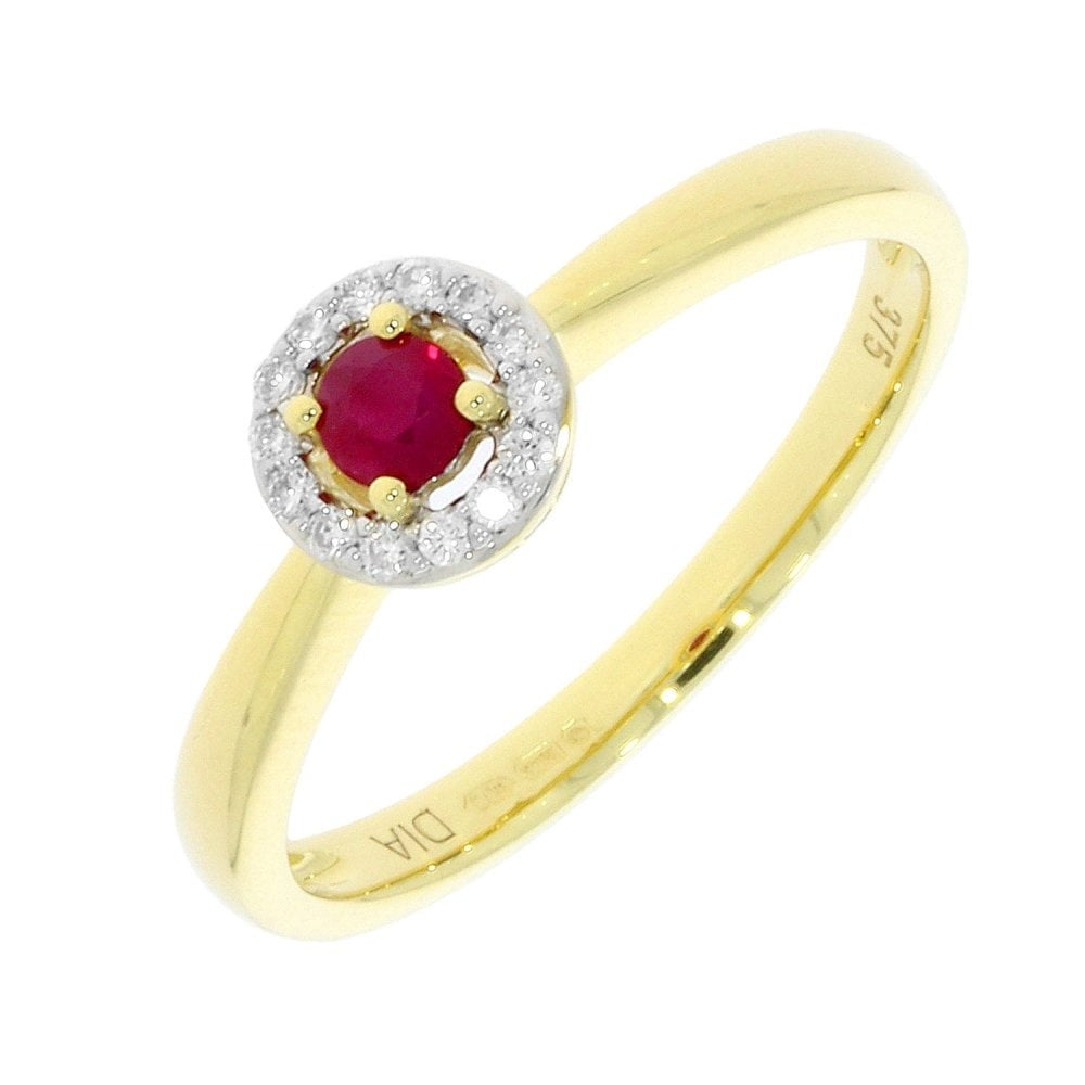 9ct Gold Halo style Ruby & Diamond ring with 0.07ct Diamond