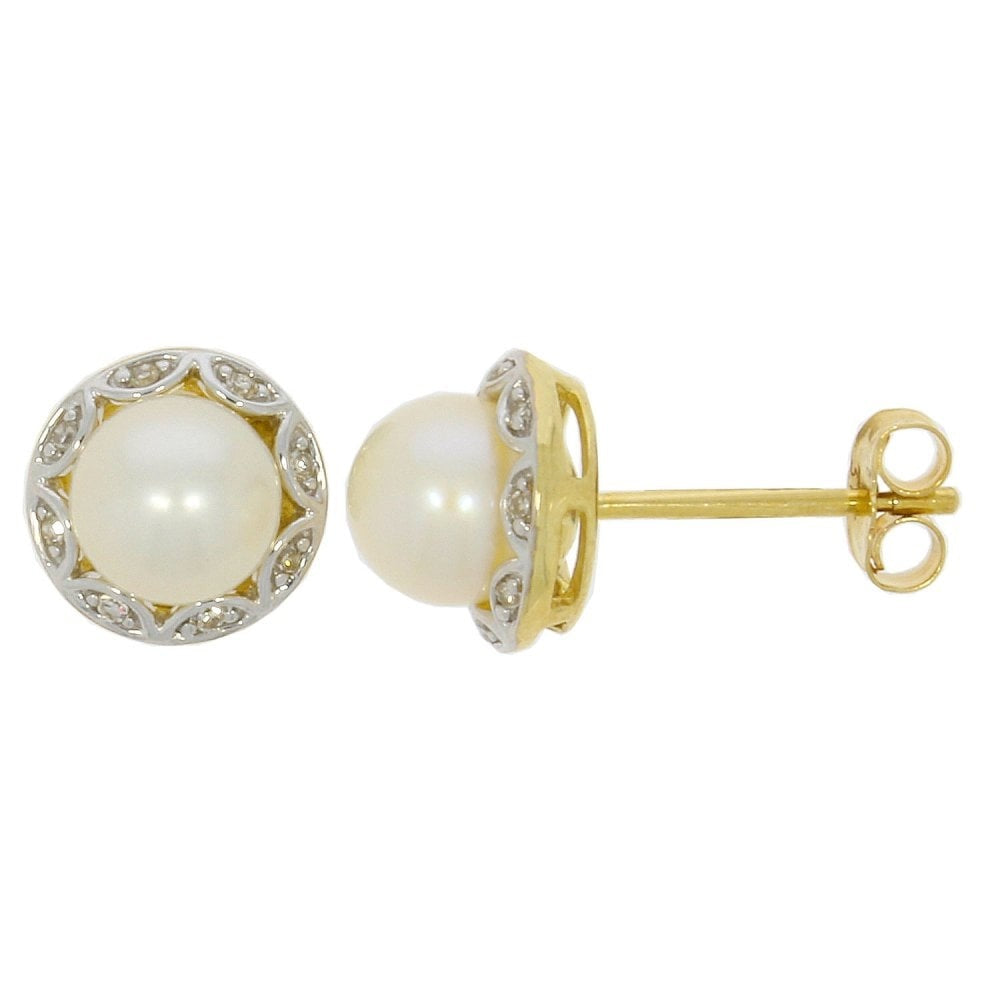 9ct Gold stud earrings with fresh water pearls & diamonds