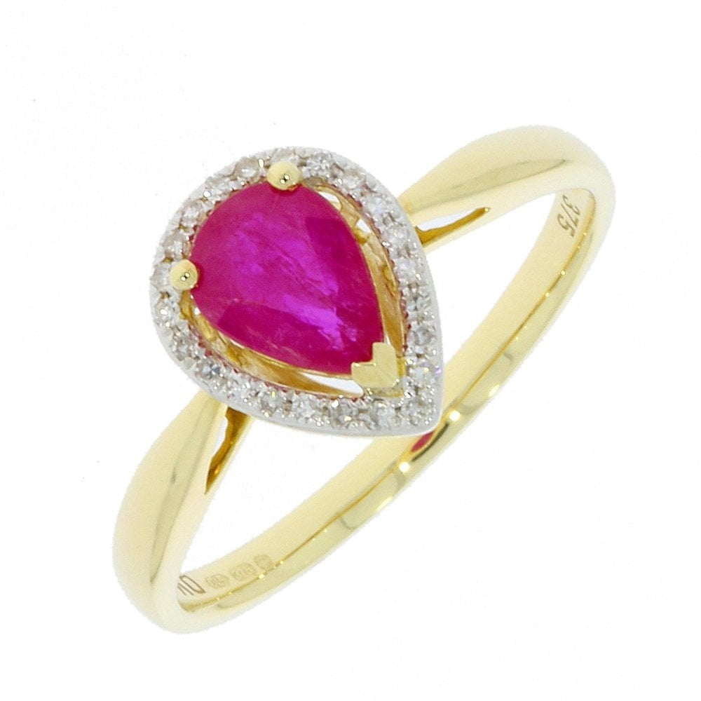 9ct Pear Shaped Ruby & Diamond ring with 0.07ct Diamond