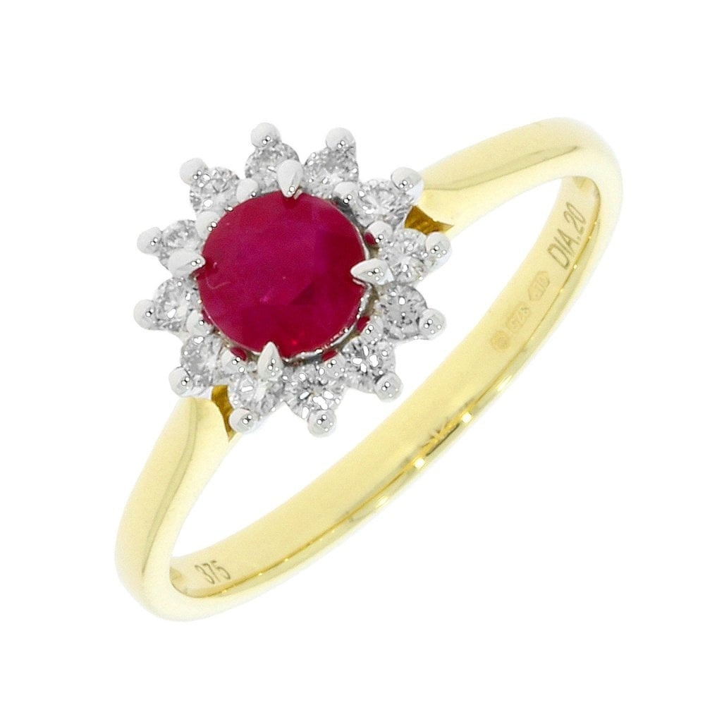9ct Ruby & Diamond round star cluster ring with 0.2ct Diamond