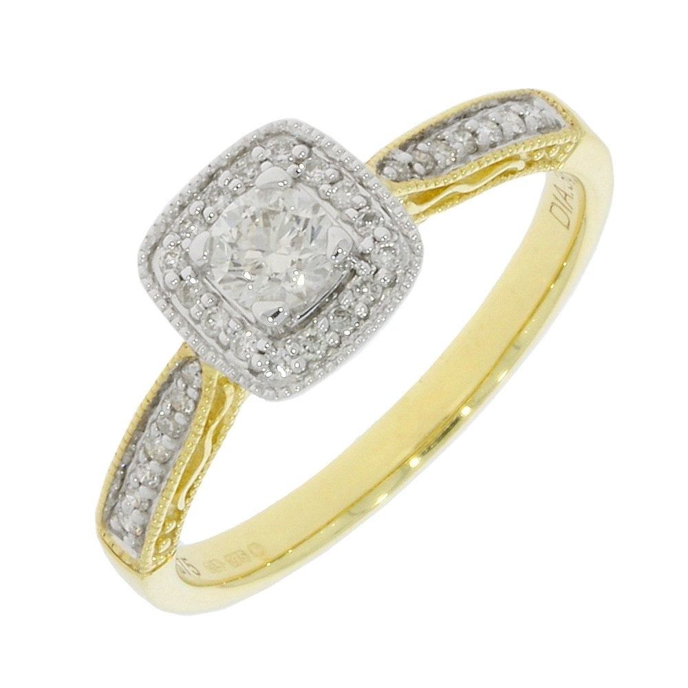 9ct Square cut halo style Diamond Ring with Diamond shoulders (0.35ct Diamond)