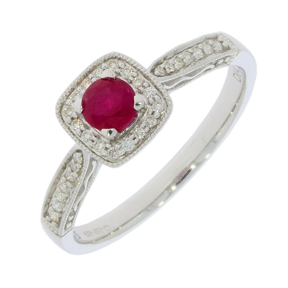 9ct White Gold Ruby & Diamond Princess cut Halo style Ring with 0.12ct Diamond