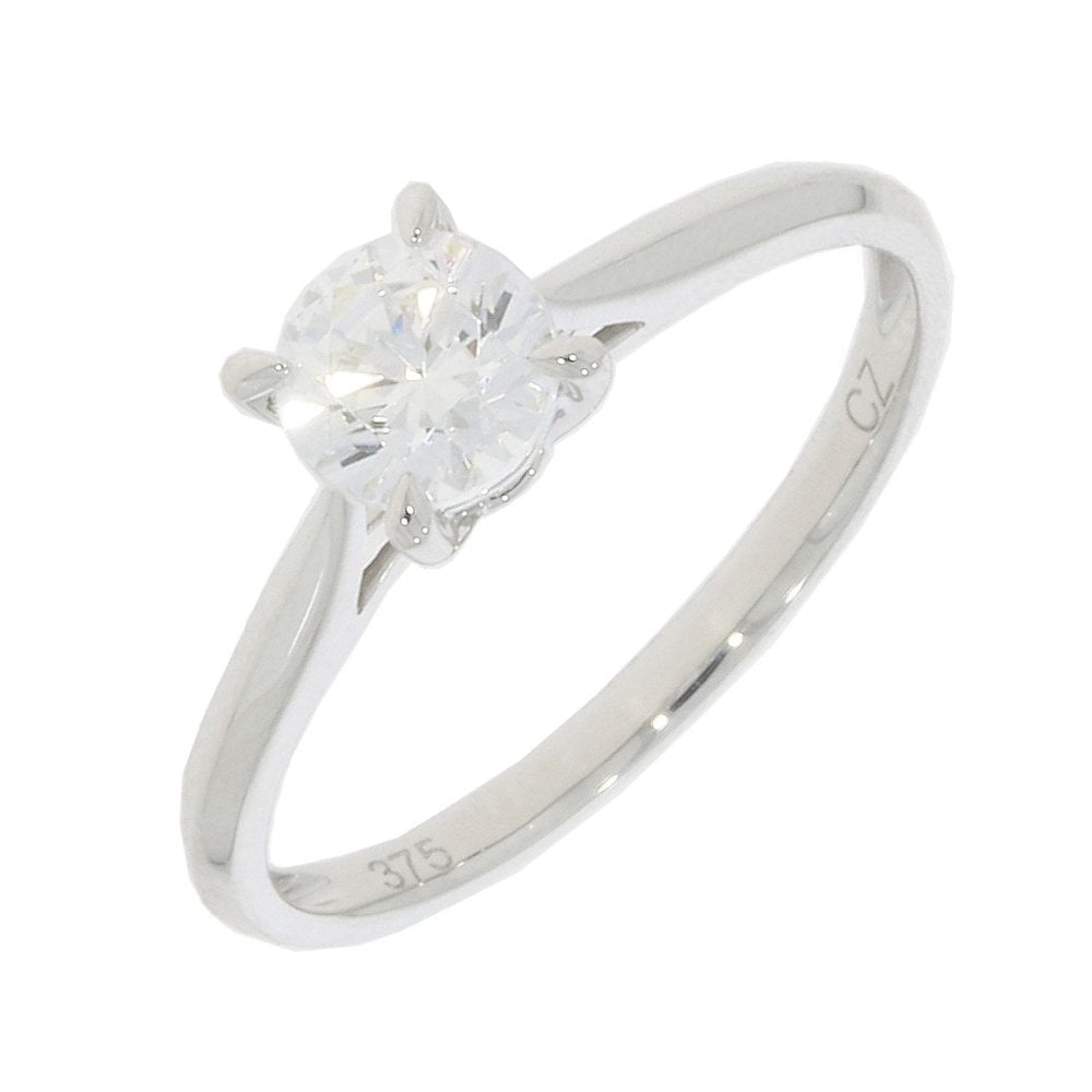 9ct White Gold Zirconia 4 Claw Solitaire Ring