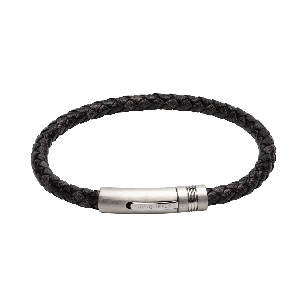 ANTIQUED BLACK BRAIDED LEATHER AND BRUSHED STEEL CLASP BRACELET