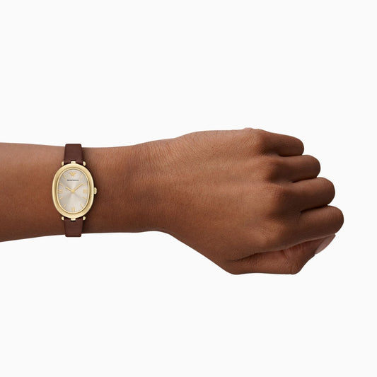 ARMANI LADIES GOLD OVAL BROWN LEATHER WATCH