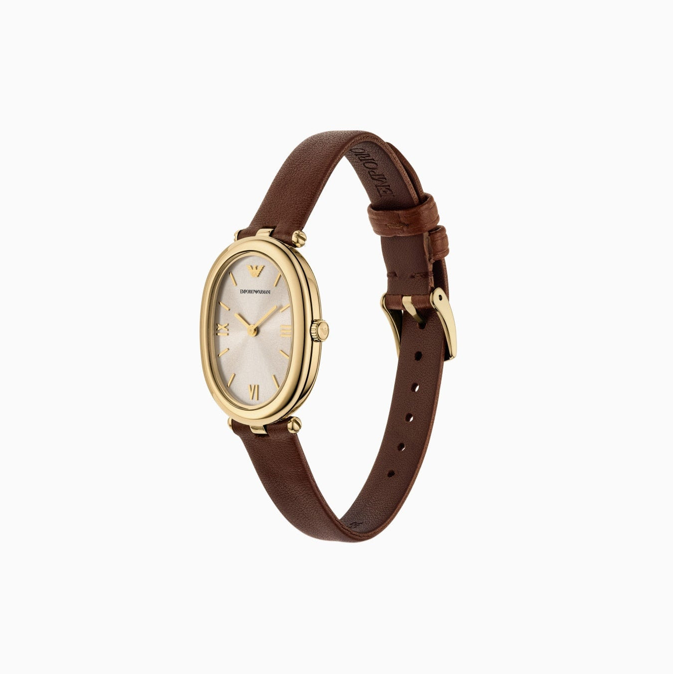ARMANI LADIES GOLD OVAL BROWN LEATHER WATCH