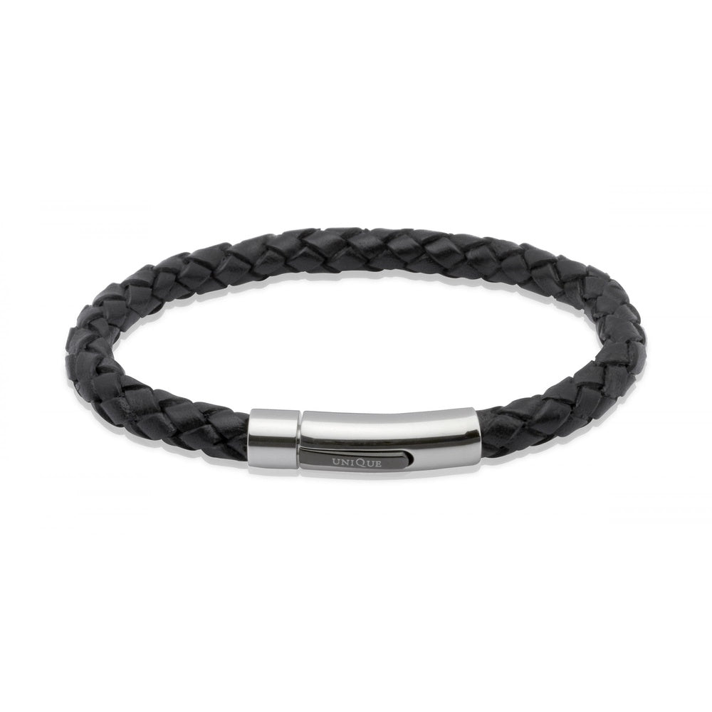 BLACK LEATHER BRACELET WITH STAINLESS STEEL CLASP