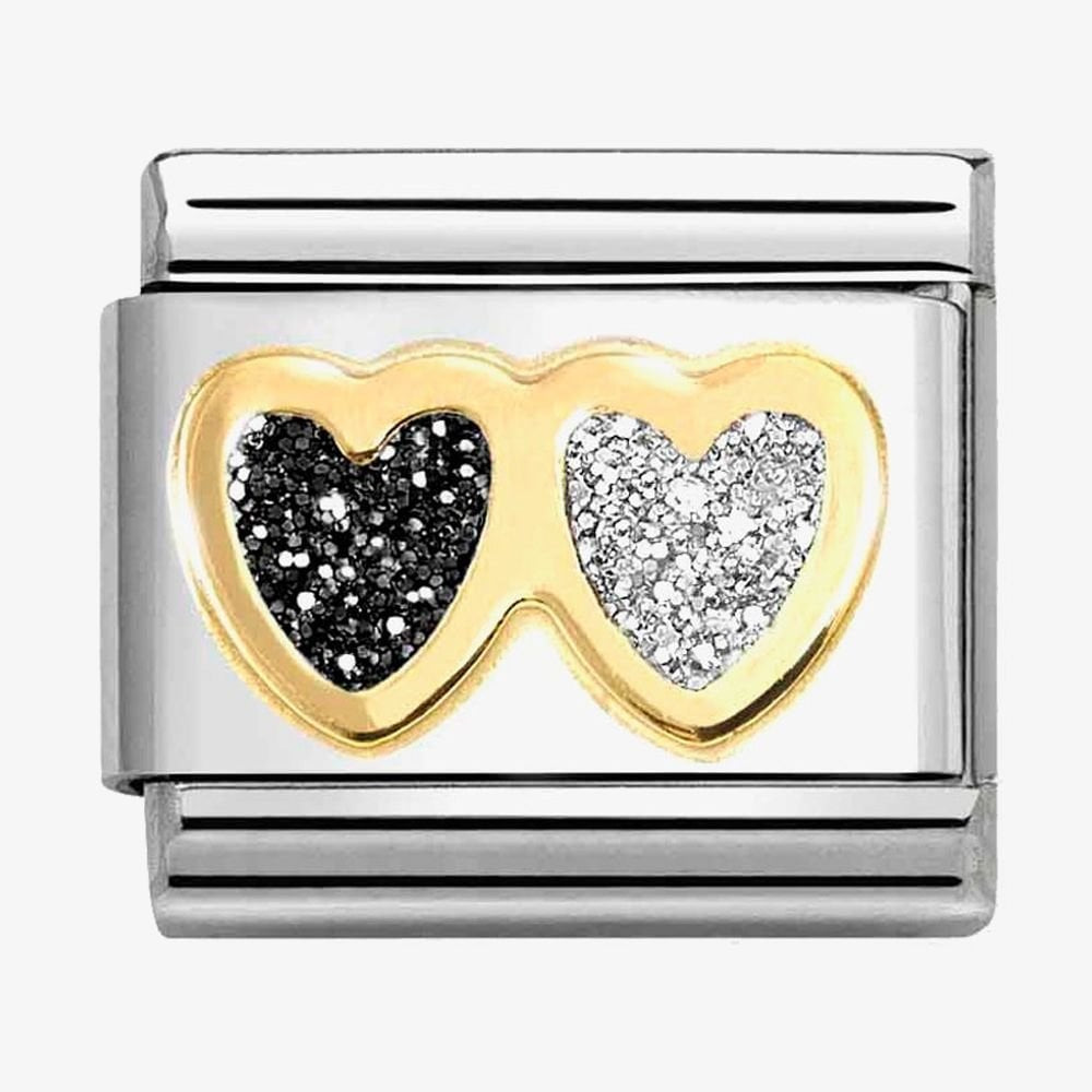 BLACK & SILVER DOUBLE HEART CHARM WITH GOLD OUTLINE