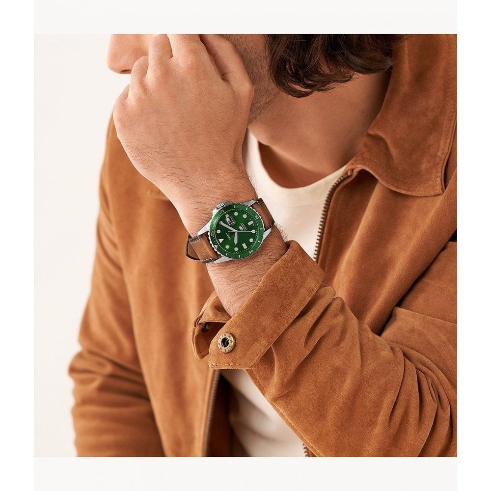 BLUE THREE-HAND DATE TAN ECO LEATHER WATCH