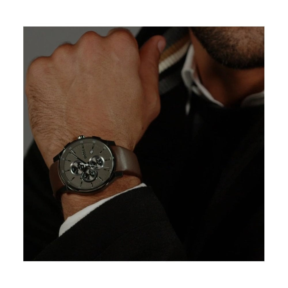 BOSS MEN'S PEAK 2.0 GREY DIAL STAINLESS STEEL WATCH WITH BROWN LEATHER STRAP