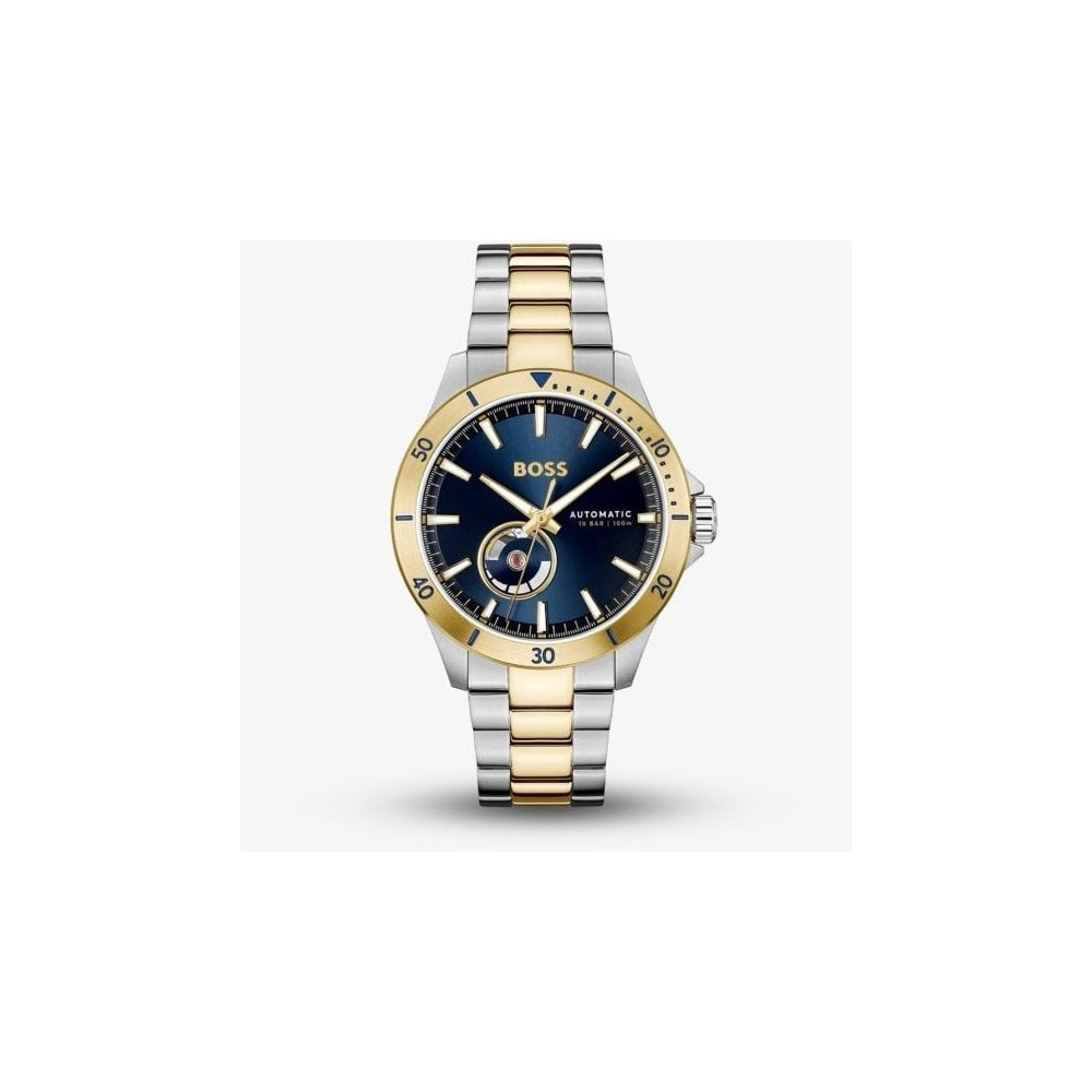 BOSS MEN'S TROPER BLUE DIAL AUTOMATIC TWO TONED STAINLESS STEEL WATCH